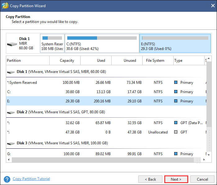 click Next after selecting the partition you want to copy