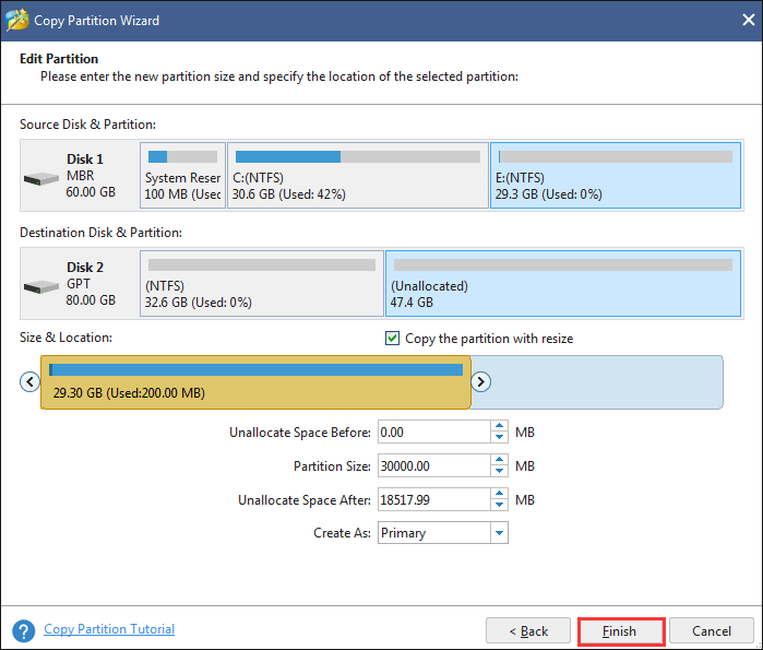 click Finish after making some changes for the target partition