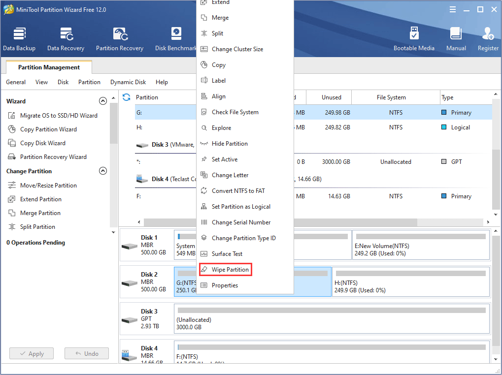 select Wipe Partition in MiniTool Partition Wizard