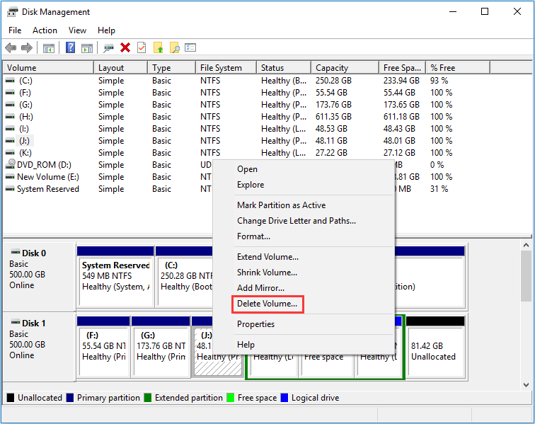 delete partition in Disk Management