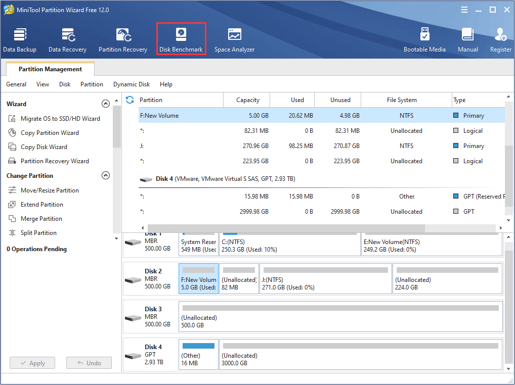 launch MiniTool Partition Wizard and click Disk Benchmark on the toolbar