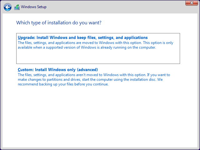choose upgrade option or custom installation option
