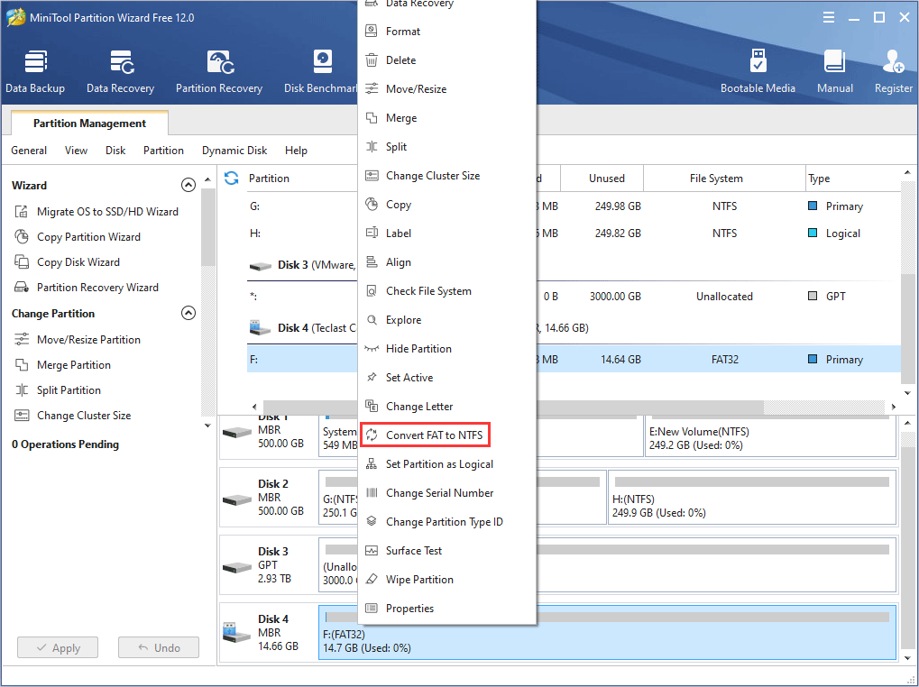 activate Convert FAT to NTFS feature