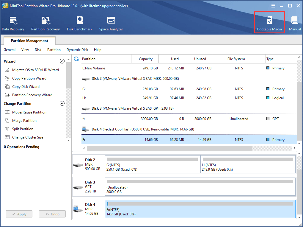 click bootable media on the toolbar
