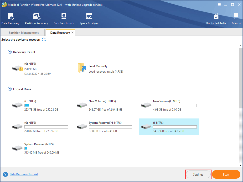 select a partition or a hard disk containing lost files and click Scan