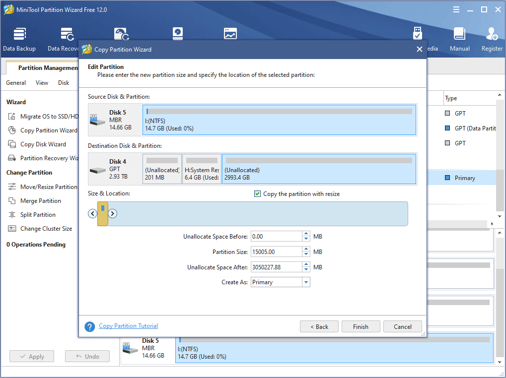 adjust the size and location of the new partition