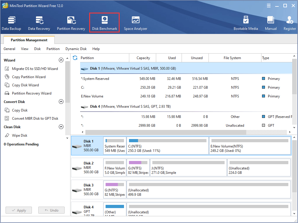 setup MiniTool Partition Wizard and click Disk Benchmark on the toolbar