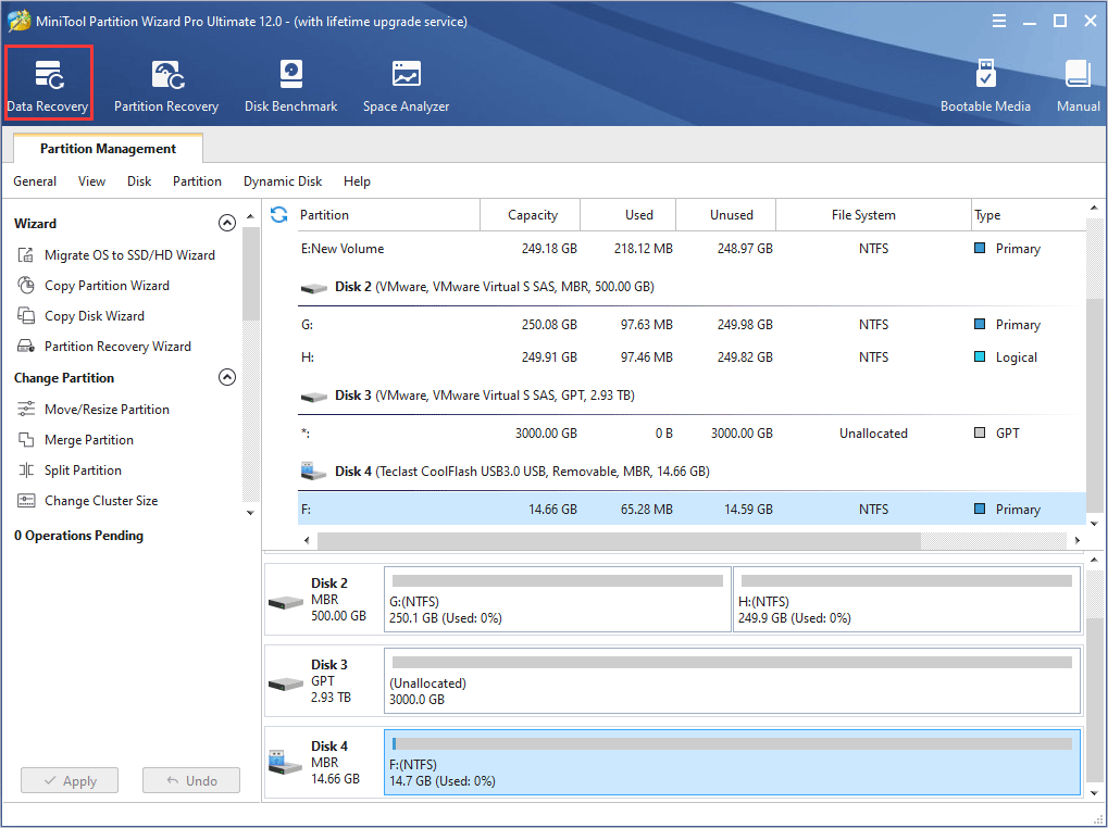 launch MiniTool Partition Wizard and click Data Recovery on the toolbar