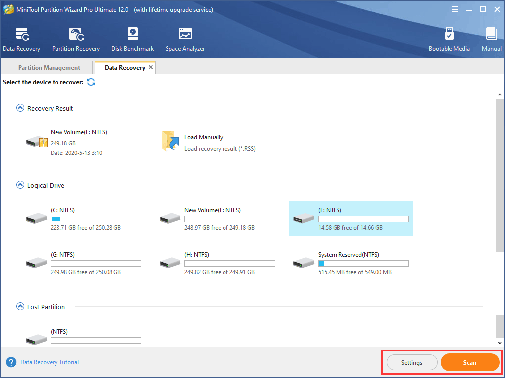 select a partition or a hard disk containing lost files and click Scan