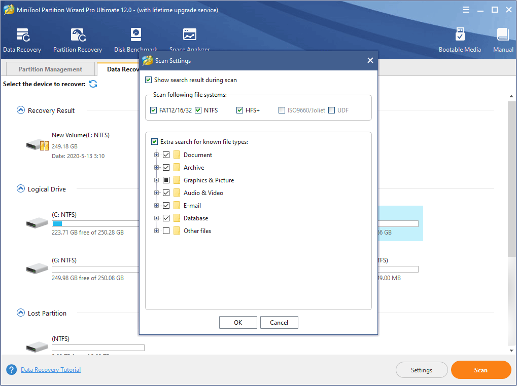 Settings interface of data recovery