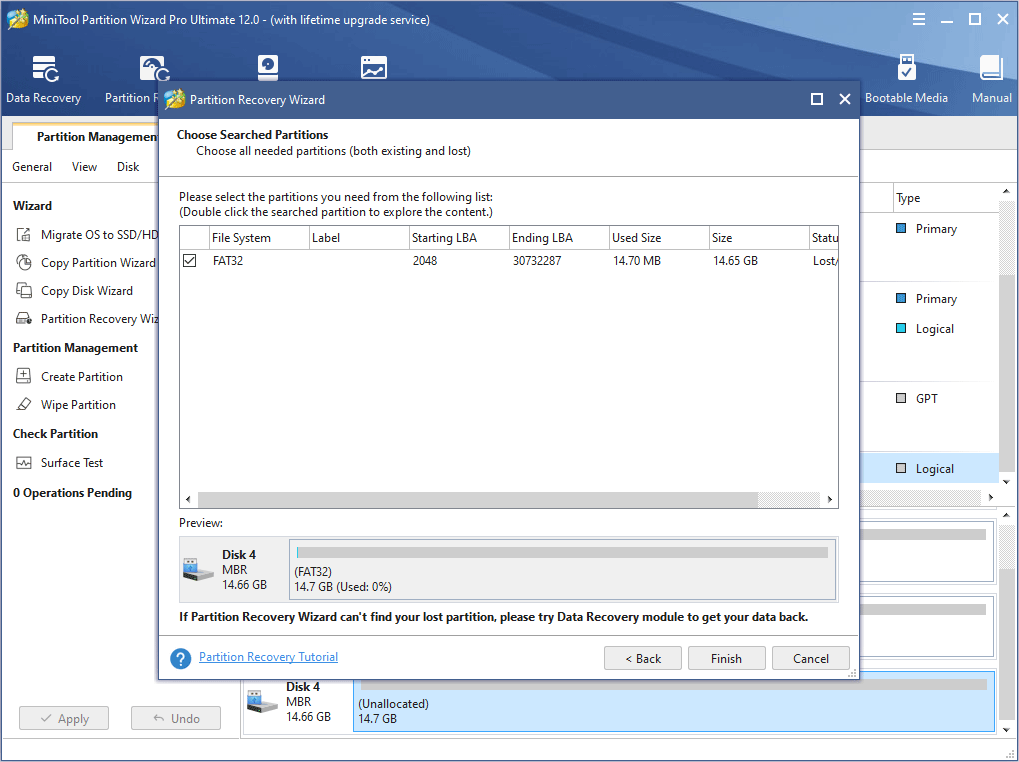 choose the lost partitions and click Finish