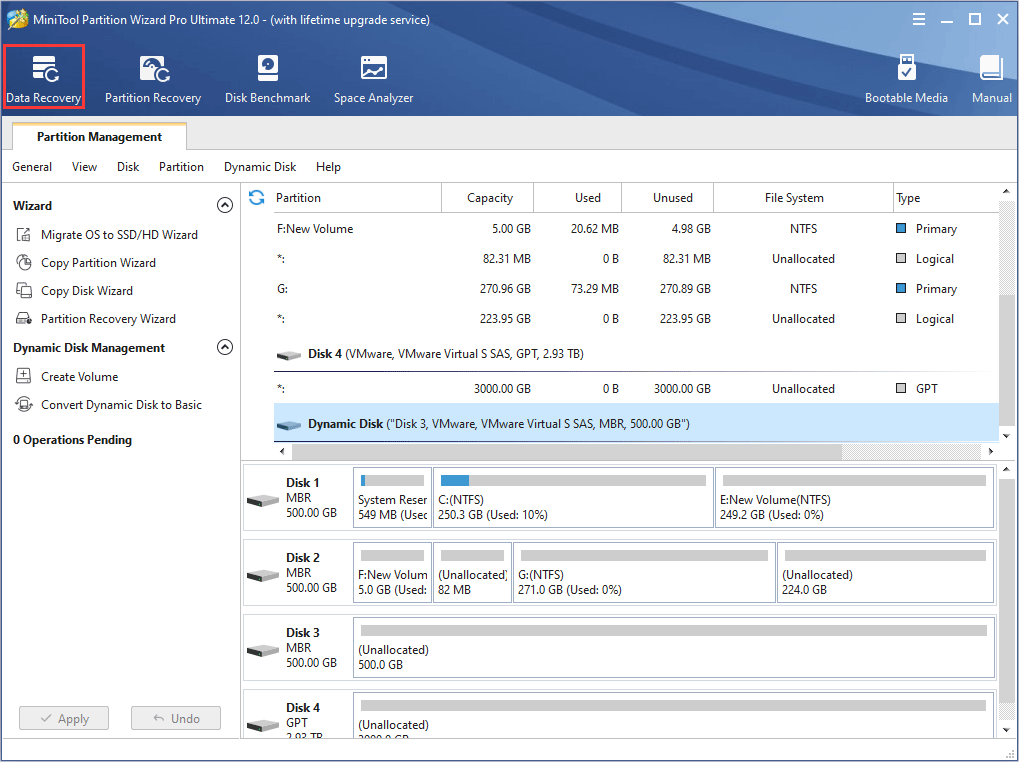 launch MiniTool Partition Wizard and click Data Recovery on the toolbar