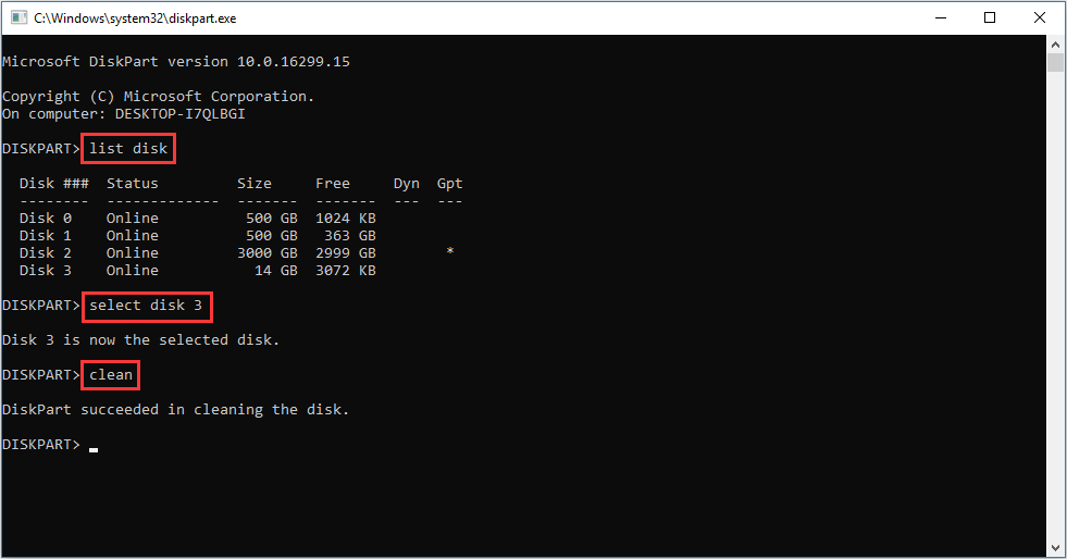 clean USB flash drive with diskpart