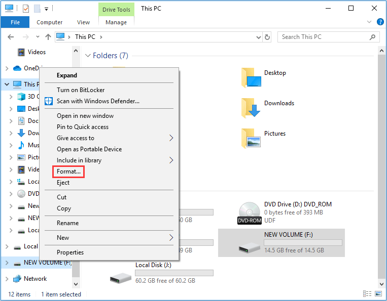 reformat USB flash drive in File Explorer