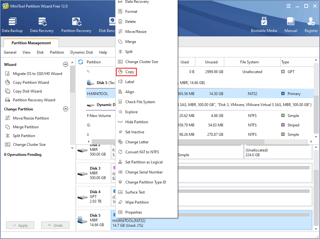 activate Copy Partition feature of MiniTool Partition Wizard