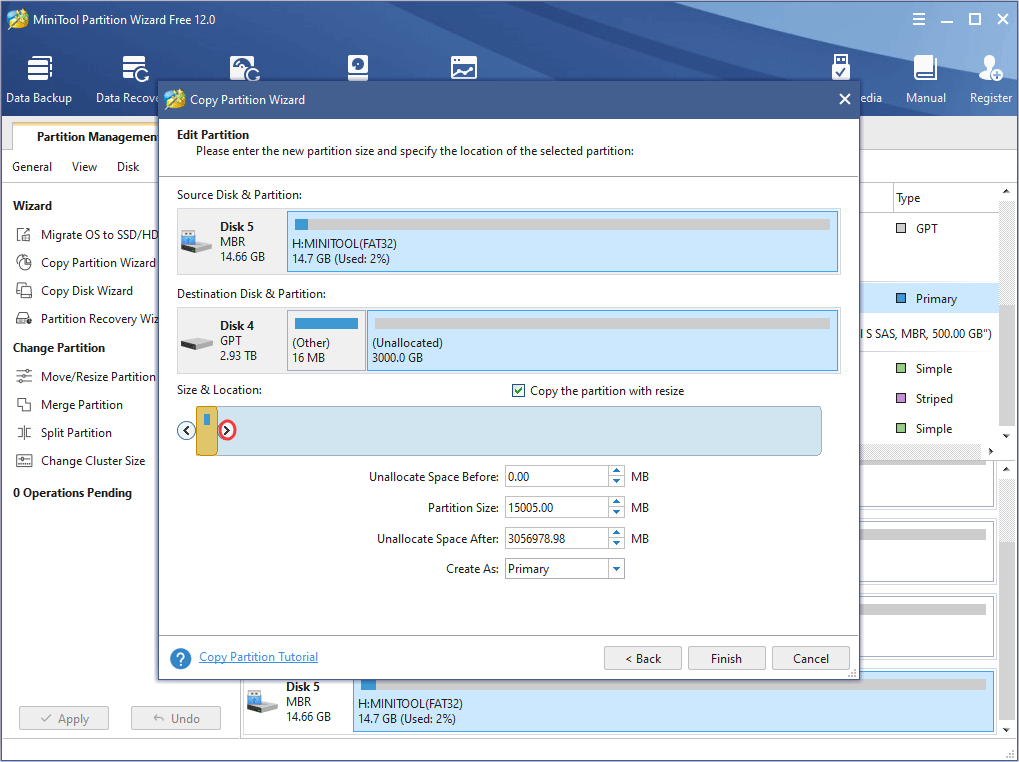 adjust the size and location of the new partition