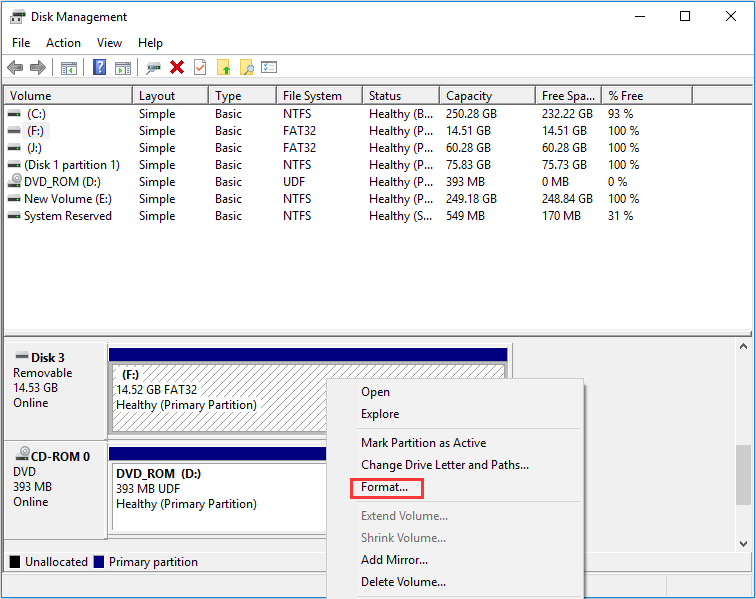format USB flash drive partition in Disk Management
