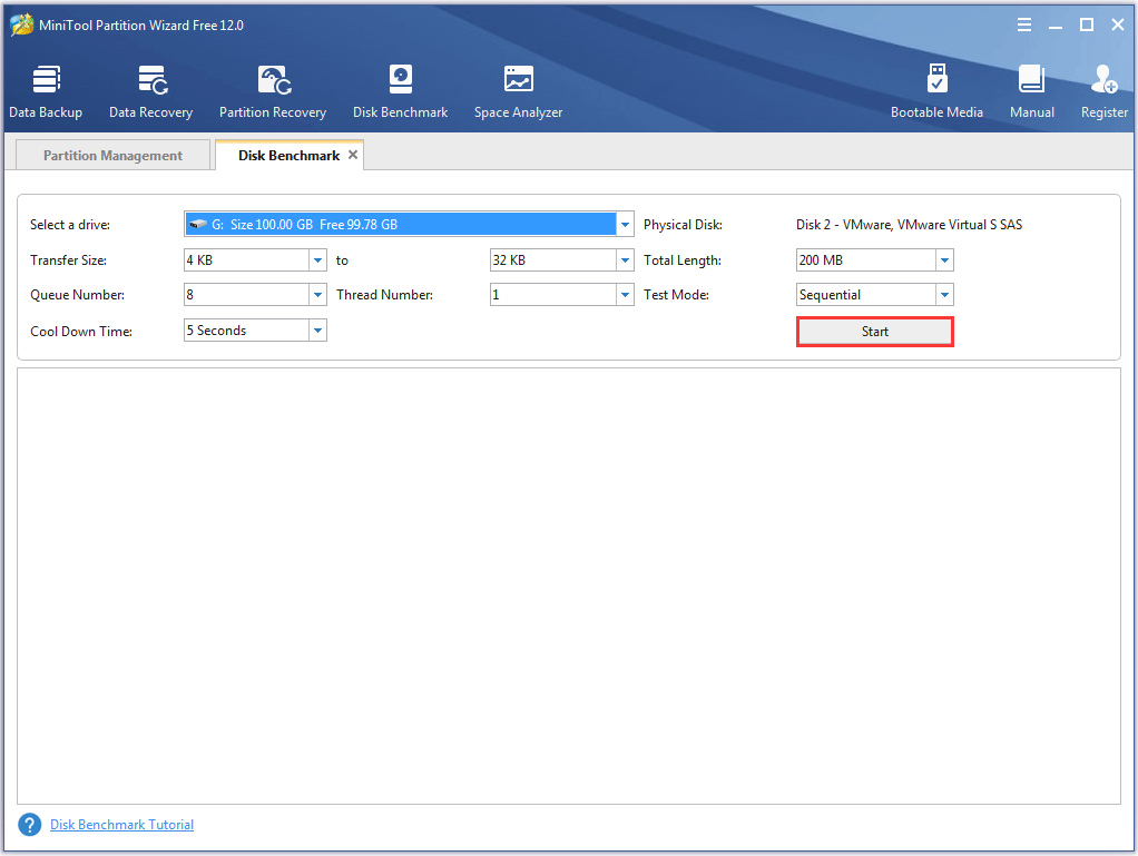 click the Start button to test the SDXC card’s performance