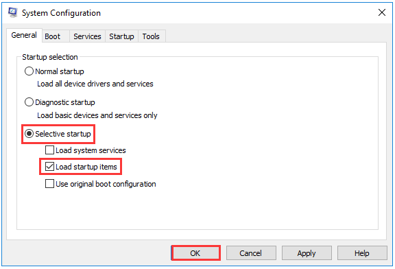 click Selective startup, Load startup items, and OK