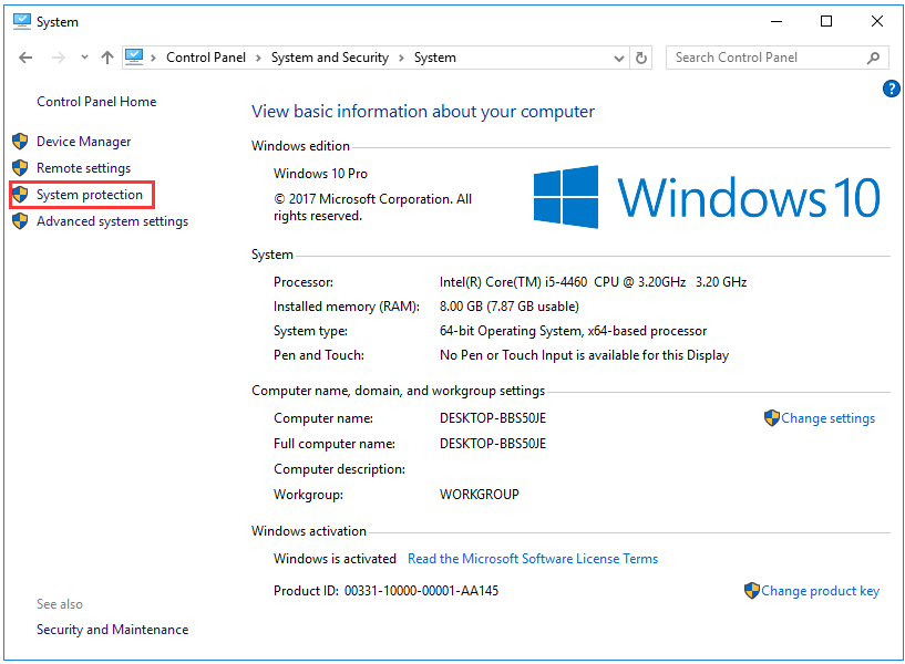 click the System Protection option