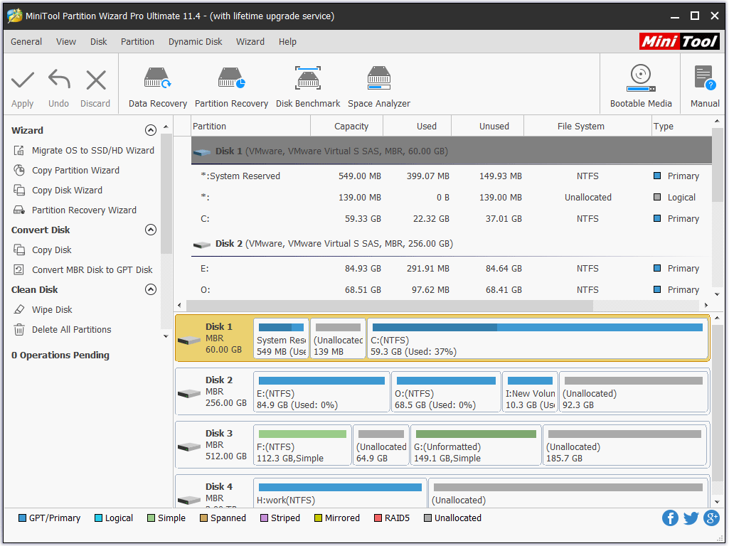 the main interface of MiniTool partitions Wizard Pro Ultimate