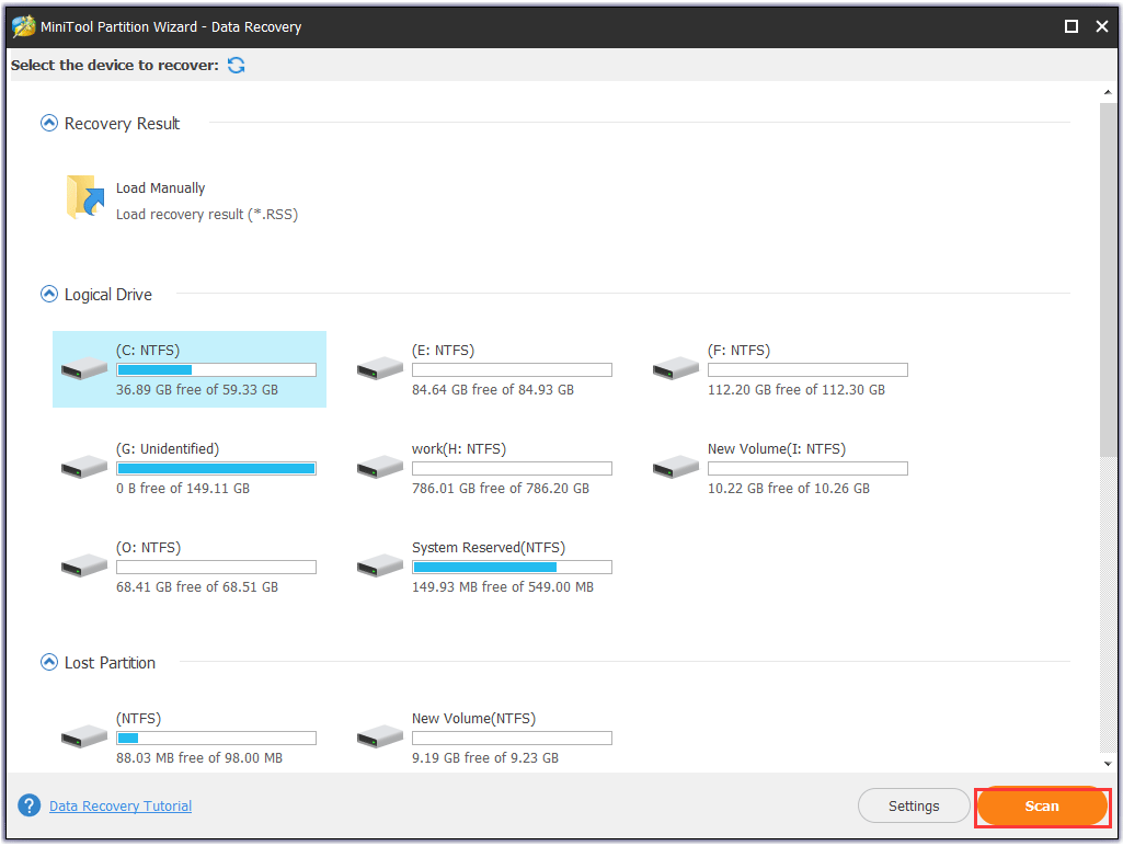 select a partitions and click the Scan button