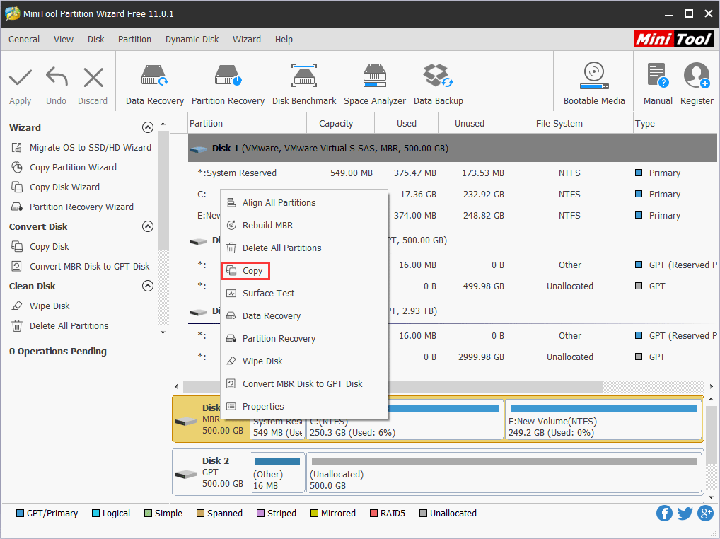 copy disk with MiniTool Partition Wizard