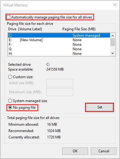 can you set virtual memory too high