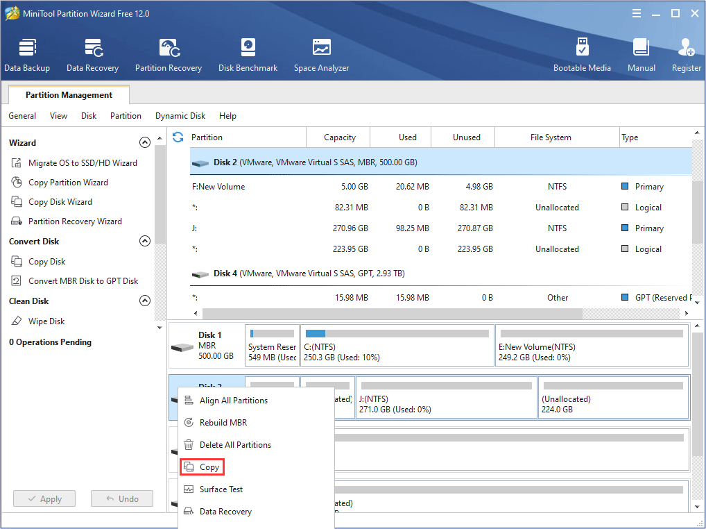 copy disk with MiniTool Partition Wizard
