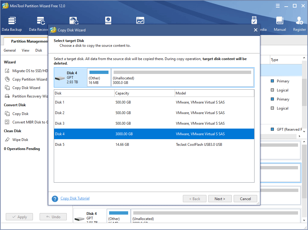 select a target disk where the data will be copied to