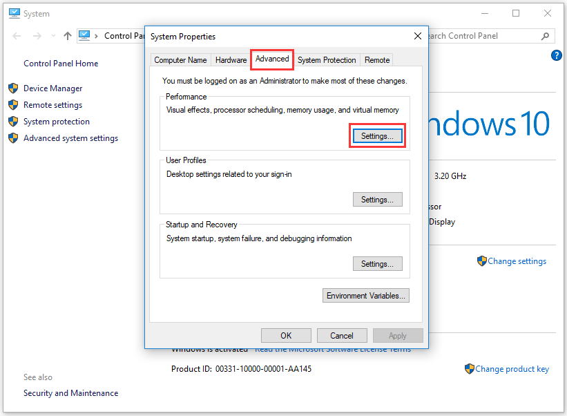 click Advanced and then click Settings belonging to Performance in System Properties window