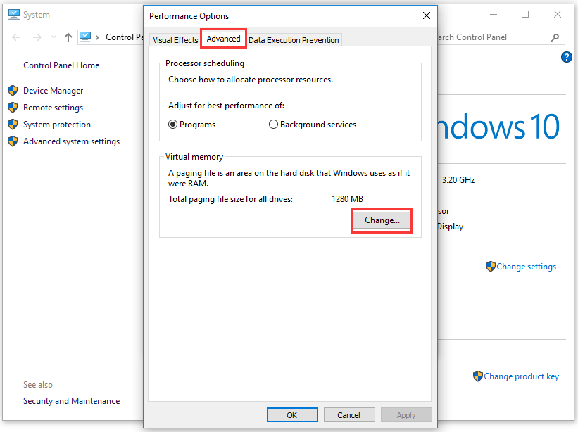 click Advanced option and then click Change button in the Performance Options window