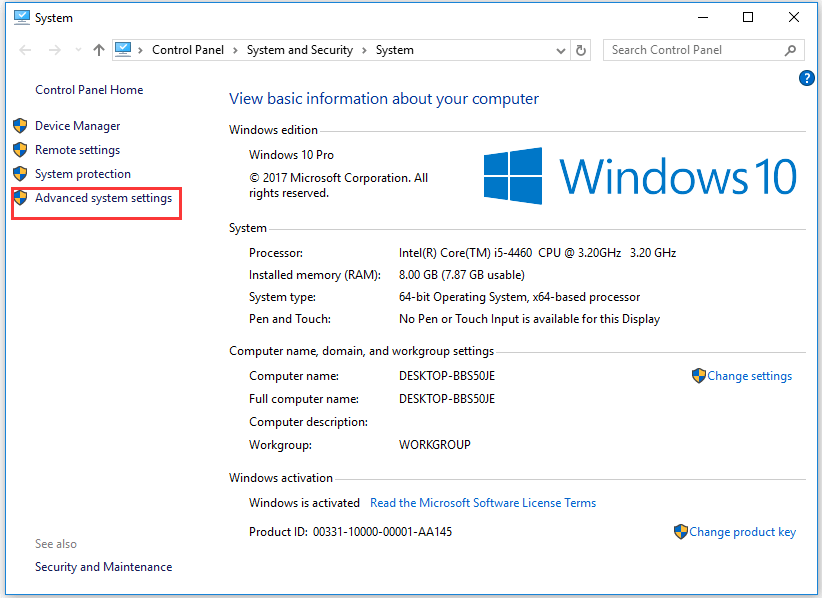 click Advanced system settings in System window