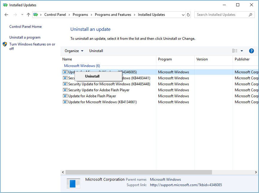 uninstall problematic Windows update