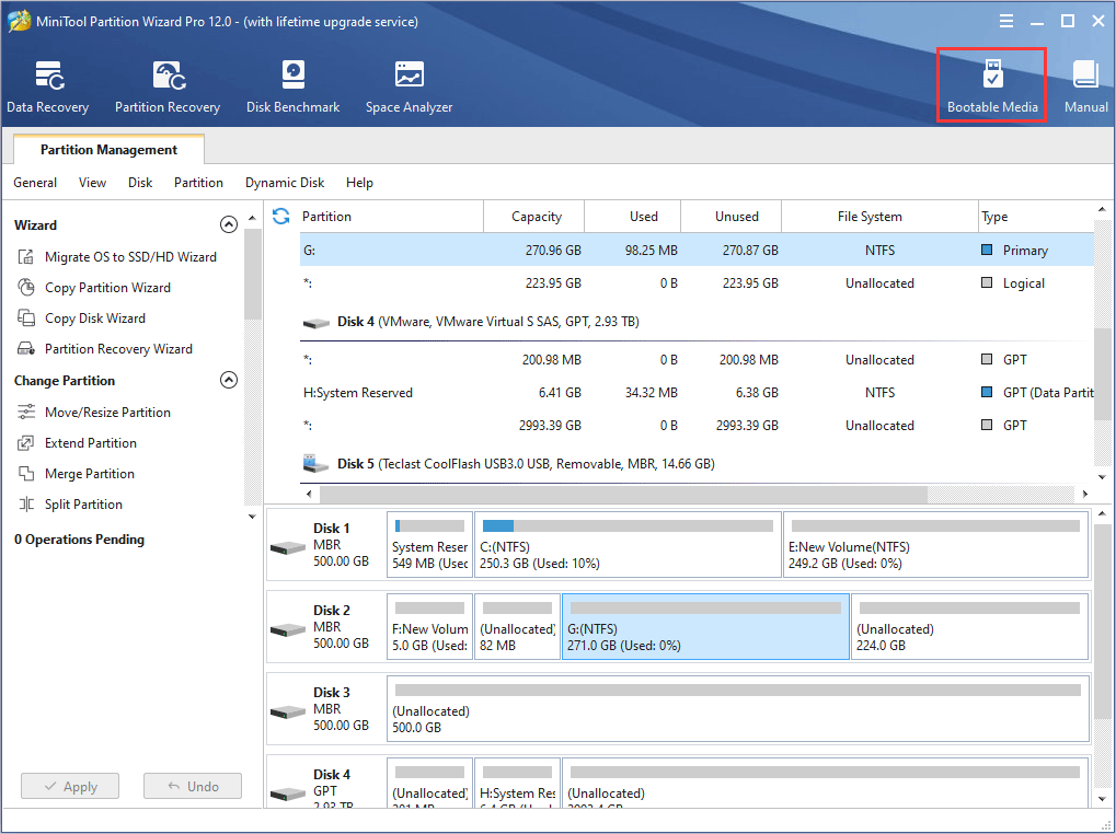 click bootable media on the toolbar