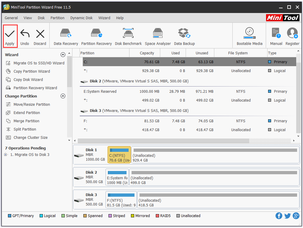 click Apply to start the system migration