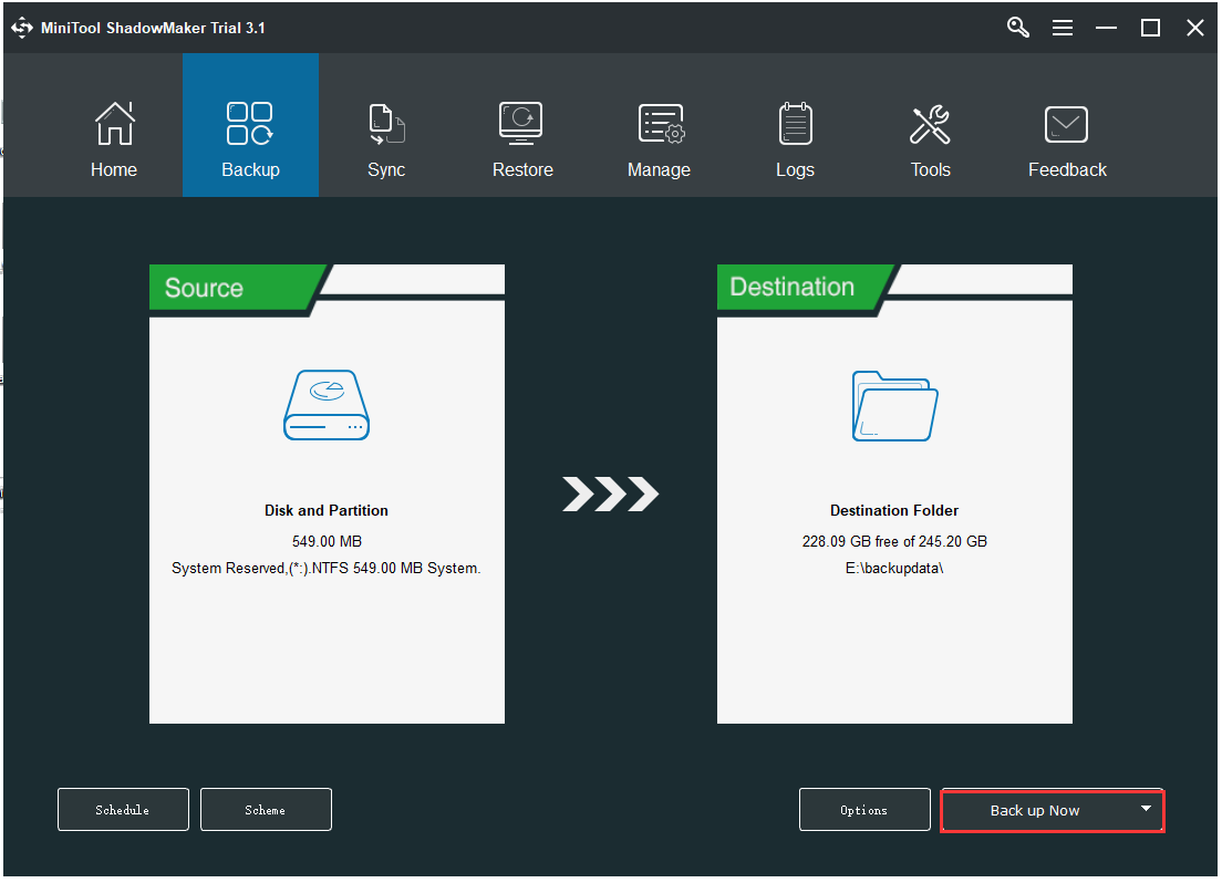 select a destination folder to save Windows 7 image backup file