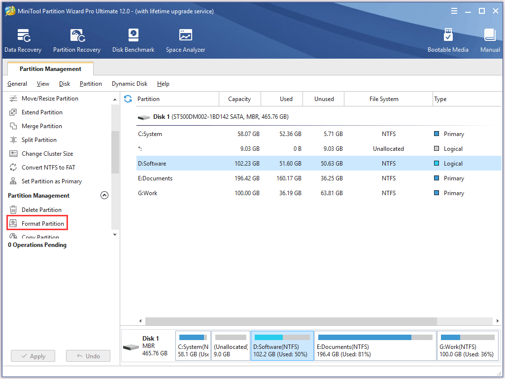 choose Format Partition or Format to format the selected partition