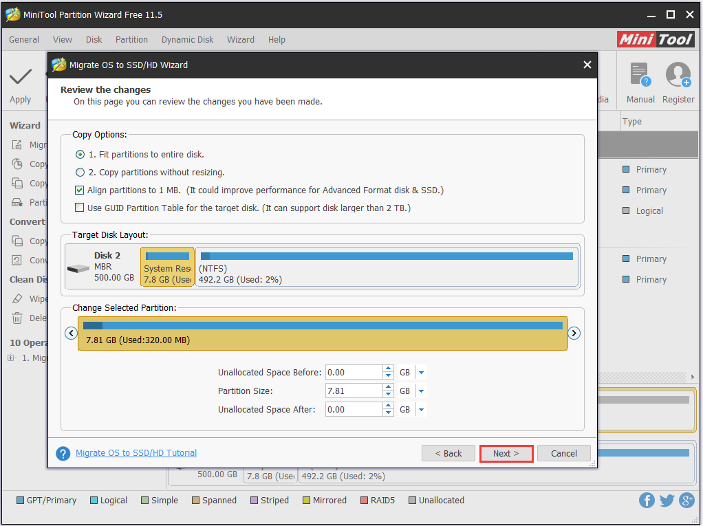 confirm or change the copy options