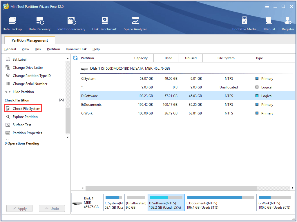 select the check File System feature from the left panel