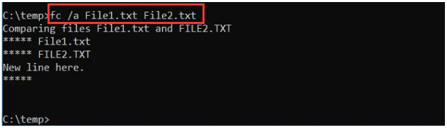 use fc command to compare two files