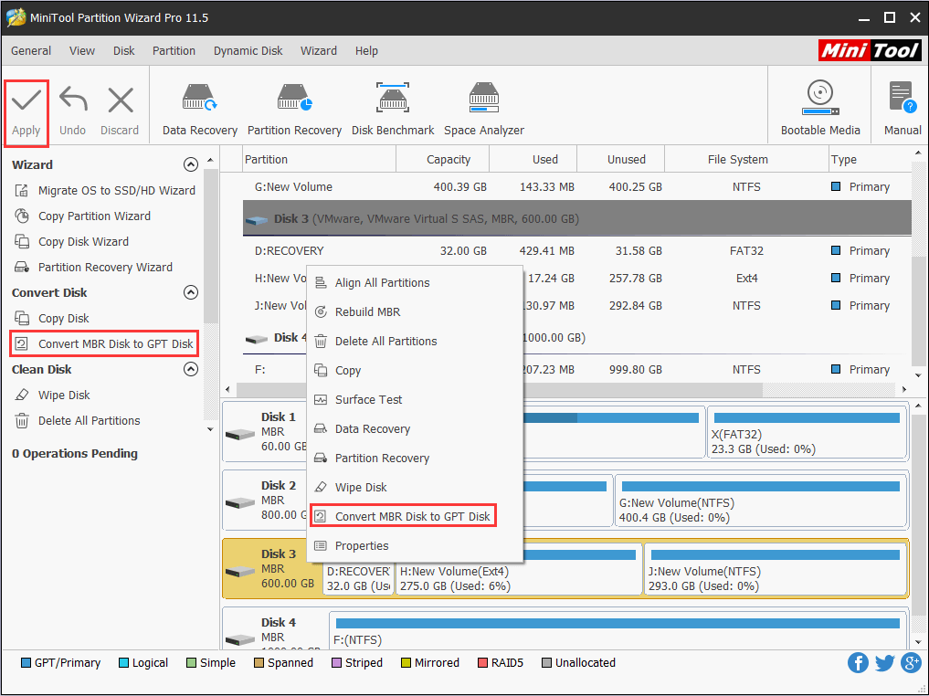 convert gpt mbr minitool