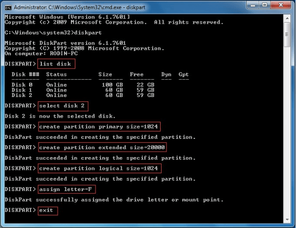 crreate partition cmd