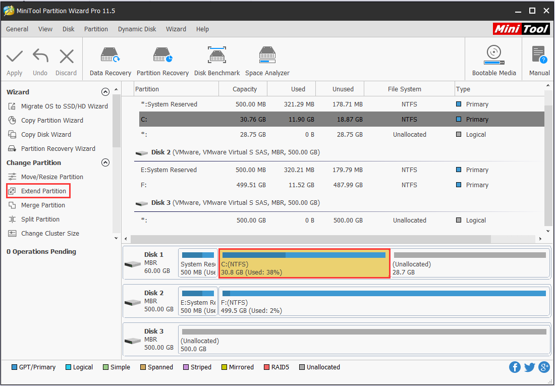 choose Extend Partition feature from the action panel