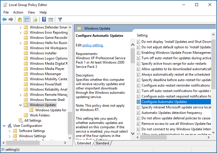 double click Configure Automatic Updates and change its value date