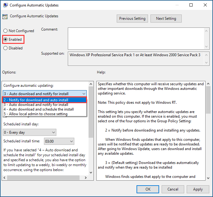 select Notify for download and auto install