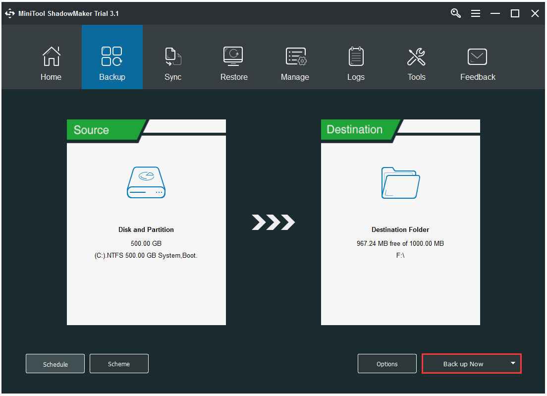 start Windows 10 system backup now