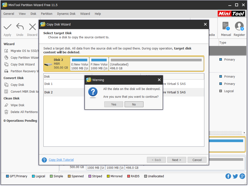confirm you want to copy the system disk to this drive
