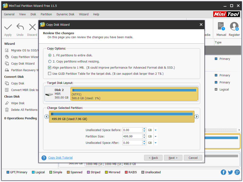 choose the copy options that fit the target disk