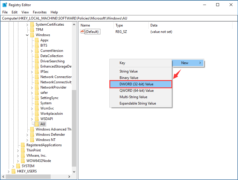 create a new DWORD (32-bit) Value